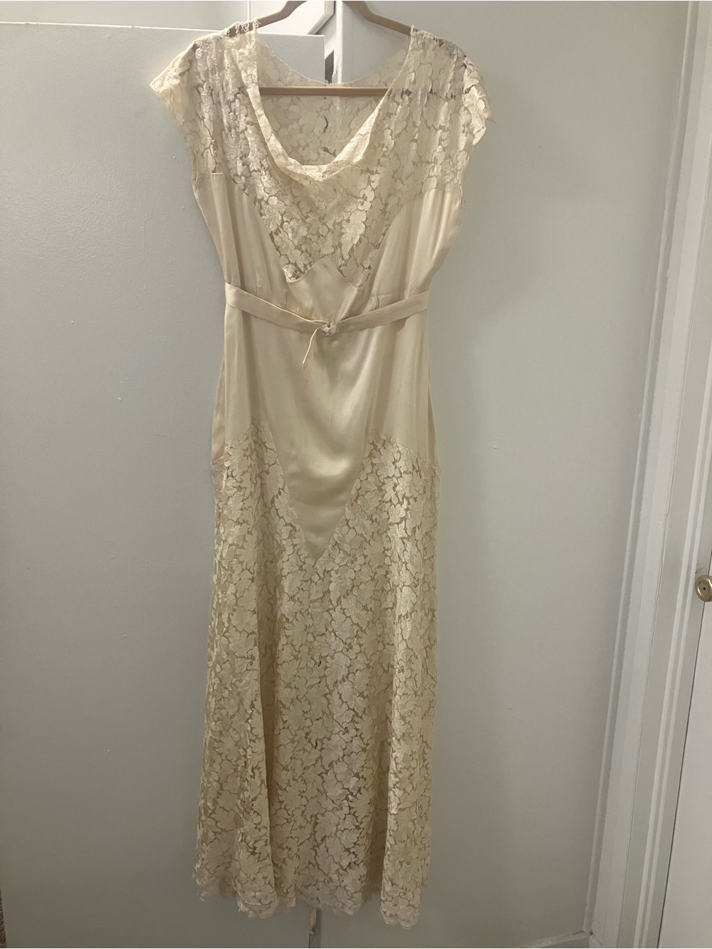 1930s Gown Ivory Silk Satin Lace Long Dress Measures M AS IS Wedding Bridal